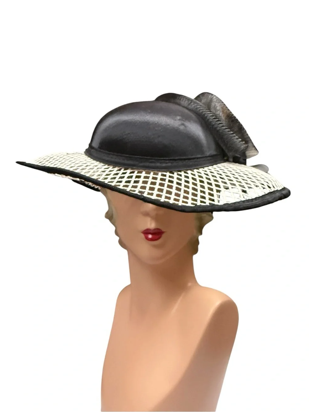 Vintage 1950s Handmade Black Cream Wide-Brim Ladies Hat Floral Accent